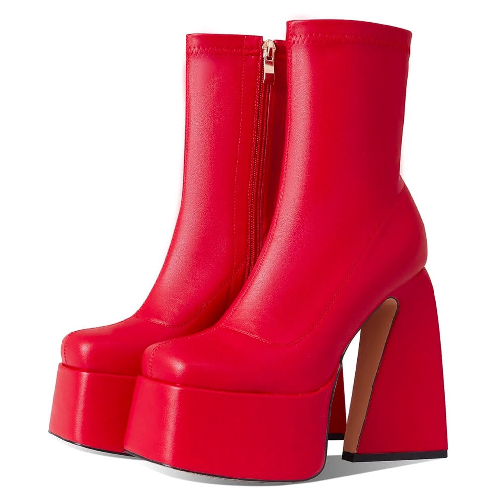 Red platform heeled boots